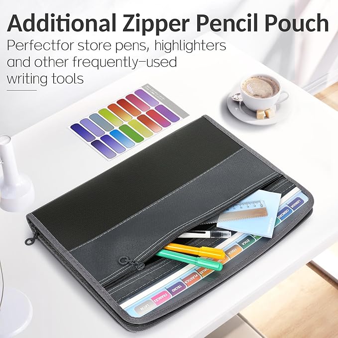 Sooez Accordion File Organizer with Safe Zipper, 12 Pocket Expanding File Folder with Front Pencil Pouch, Portable Monthly Paper Bill Tax Receipt Organizer, School Office Supplies, Letter Size, Pink