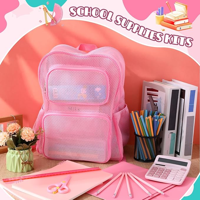 13 Piece Operation Christmas Bulk Item, 17" Mesh Backpack Semi Transparent Heavy Duty, Notebook for Holiday Donation(Pink)