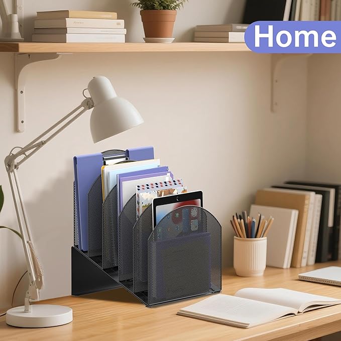 5-Section Desk File Organizer, Vertical File Organizer for Desk, Mesh Mail Holder for Letter Size Folders, Black
