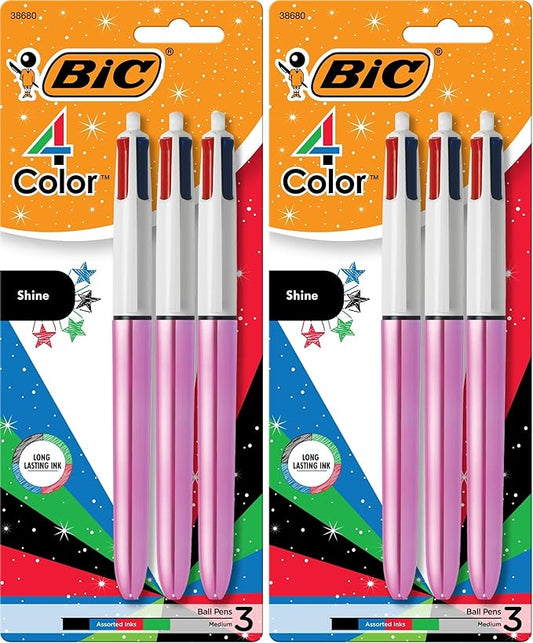 BIC 4 Color Shine Retractable Ballpoint Pen with 1.0 mm Point and Wide Barrel,in Assorted Ink,(Pack of 6)