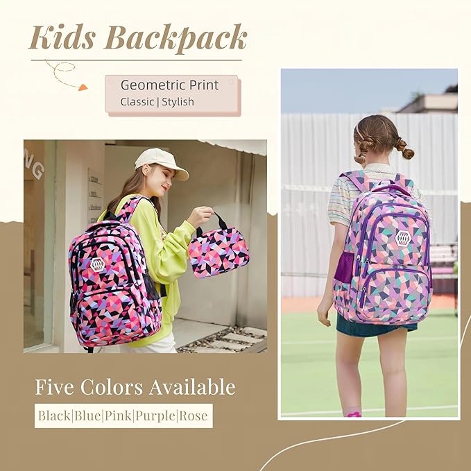 3Pcs Geometric Print School Backpack and Lunchbox Set for Girls, School Bag Girls Backpack for School Elementary Bookbags
