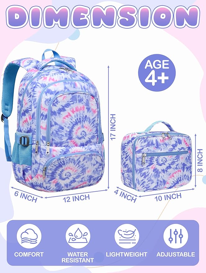 BLUEFAIRY Kids Backpack with Lunch Box for Girls Boys Elementary Primary Middle School Bag with Lunch Bag Set 17 Inch Bookbag Mochilas Escolares para Niñas Niños (Tie-dye, Light Violet)