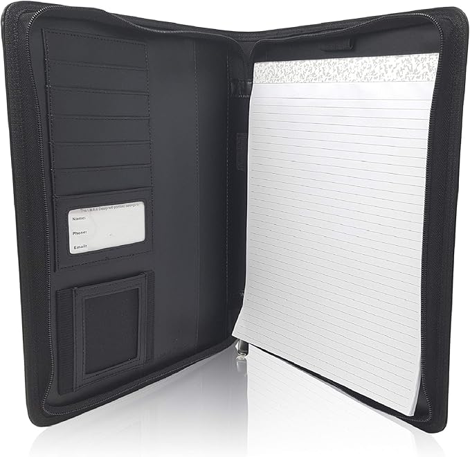 Customized Leather Padfolio - Name/Logo Printed on Lean Black Faux Leather Business Portfolio File Organizer & Binder for Men or Women. Includes 8.5x11 Notepad & Premium Gift Box.