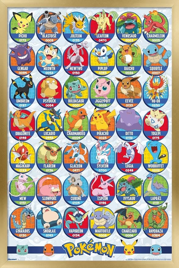 Pokémon: All-Time Favorites - Grid Wall Poster, 22.4L" x 14.7W", Gold Framed Version