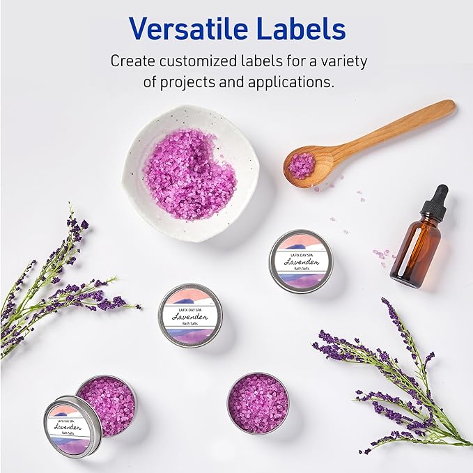 Avery Durable Waterproof Labels, Sure Feed Technology, 2" Diameter, Matte White, Laser/Pigment-Inkjet Printable, 96 Blank Labels, Great for Food Containers, Product Merchandising, and More (5657)