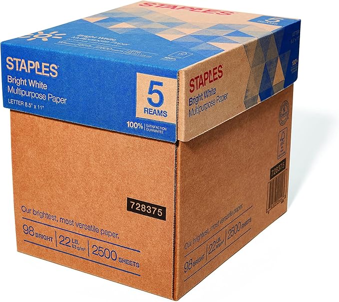 Staples 8.5 x 11-Inch Multipurpose Paper, 22 lbs., 98 Brightness, 2500/Carton, For Office, School & Home
