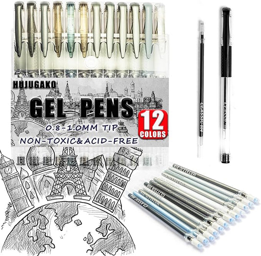24 Pack Black Grey Gel Pens, 12 Colored Gel Pen with 12 Refills,40% More Ink Write Smooth for Adults Coloring Books Drawing Doodling Scrapbooks Bullet Journaling
