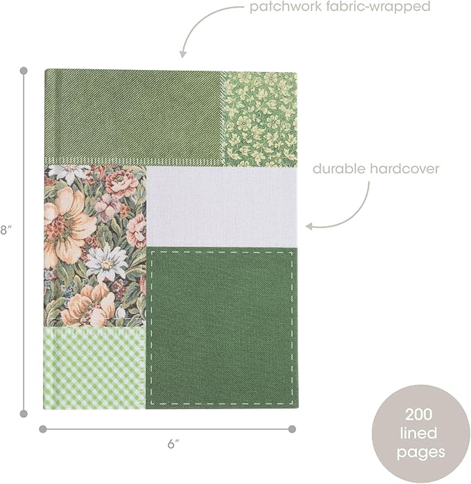 Pearhead Green Patchwork Fabric Hardcover Journal, 6x8 College-Ruled Lined Notebook, 200 Pages, Boho Writing Journal for School, Work & Personal Use