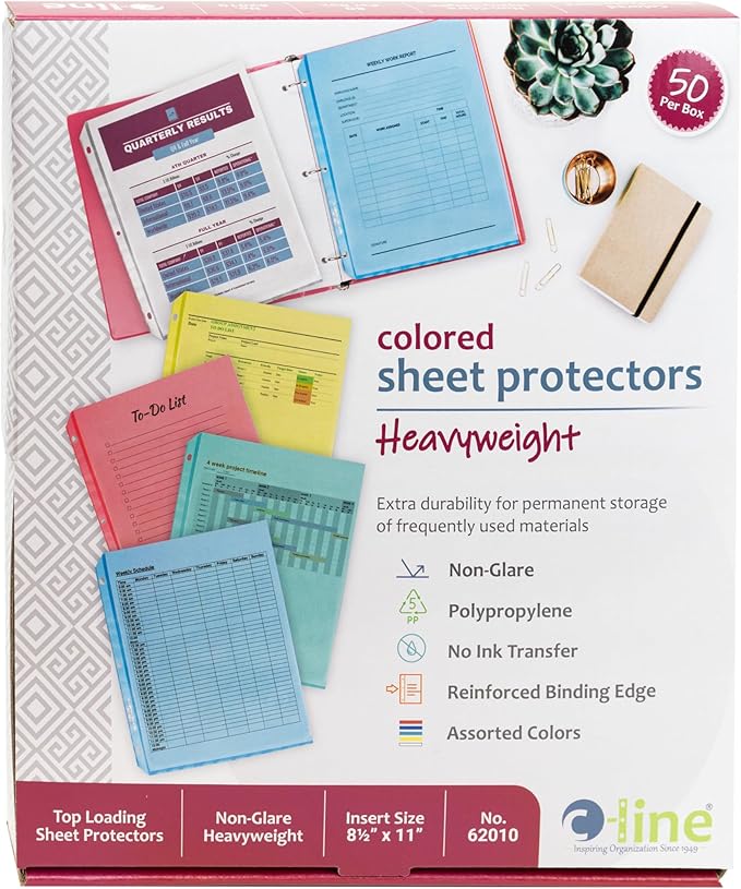 C-Line 62010 Colored Polypropylene Sheet Protector, Assorted Colors, 2", 11 x 8 1/2 (Box of 50)