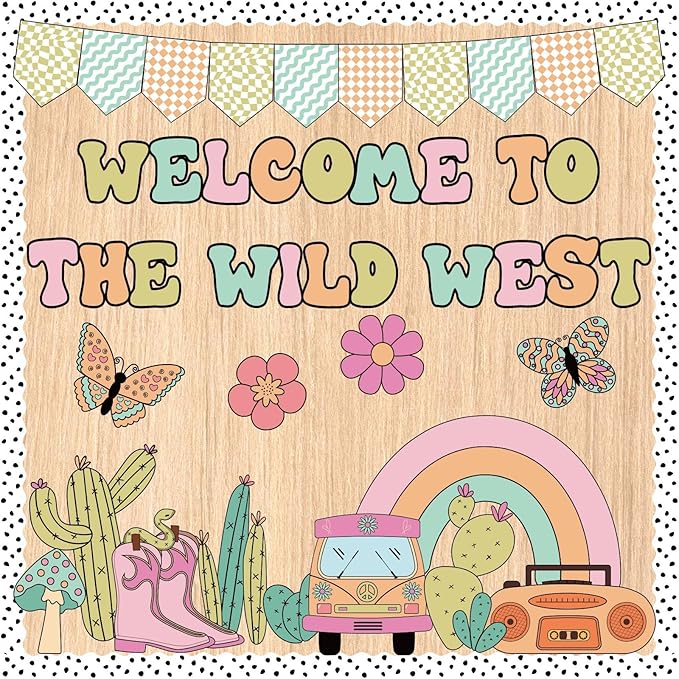Welcome Bulletin Board Decorations Set, Groovy Wild Western Classroom Decorations Cacti, Bus, Rainbow Cutouts for Welcome Back to School Teachers Supplies Classroom Door Wall Decor
