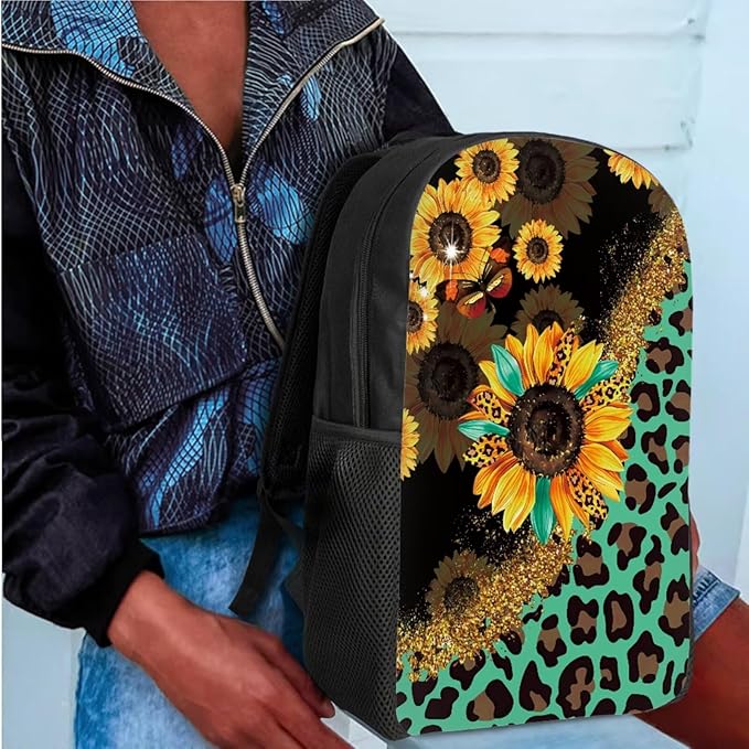 CLOHOMIN Sunflowers Backpack with Lunch Bag Leopard Print Children Book Bag Set of 3 Girls Boys Pencil Case Leakproof Lunch Box for Kids Elementary School Bags and Cooler Bags