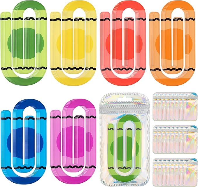 48 Pack Jumbo Acrylic Paper Clips, 4" X 2" 24Pcs Teacher Paper Clips with 24Pcs Gift Bags Personalized Paperclips Bookmark for Home Office Back to School Supplies (Crayon)