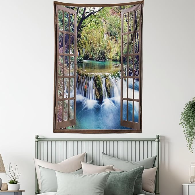 Ambesonne Waterfall Tapestry, Wide Waterfall Deep down in the Forest Seen from a City Window Epic Surreal Print, Fabric Wall Hanging Decor for Bedroom Living Room Dorm, 23" X 28", Brown Black