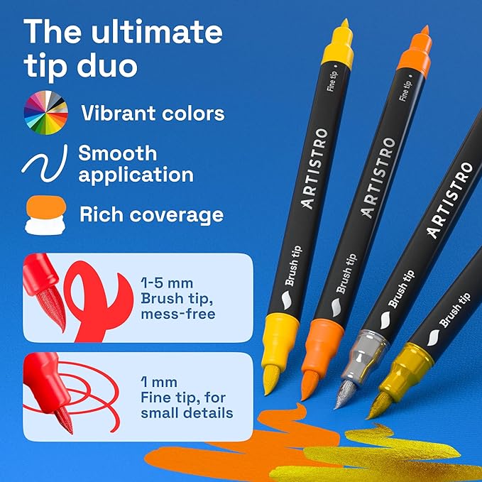 ARTISTRO 36 Acrylic Paint Markers - Paint Pens for Calligraphy, Brush + Fine Tips - For Fabric, Rock, Glass, Wood, DIY, Craft, Canvas - Art and Craft Supplies for Adults, Teens, Kids