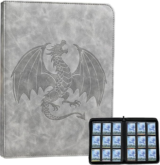 Tranding Card Binder, Premium 9-Pocket Album with 540 Fixed Side-Loading Pockets, PU Waterproof, Embossed Dragon Cover, Gray Holder for Game, Sports, Business, and Coupon Cards