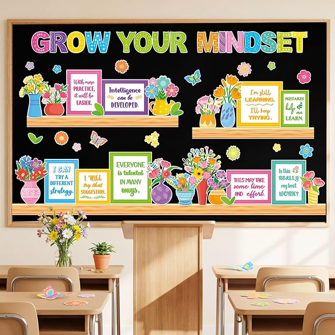 Qilery Grow Your Mindset Bulletin Board Set Spring Floral Classroom Decorations - Motivational Potted Plant Flower Cutouts for Teachers - Positive Affirmations Wall Art for Elementary School Counselor