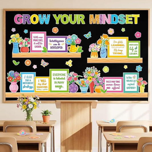 Qilery Grow Your Mindset Bulletin Board Set Spring Floral Classroom Decorations - Motivational Potted Plant Flower Cutouts for Teachers - Positive Affirmations Wall Art for Elementary School Counselor