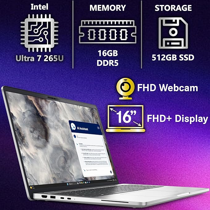 Dell Pro 16 Plus PB16250 (Replaces Latitude 5550) AI Business Notebook 16" FHD+ Intel Ultra 7-265U, 16GB DDR5 RAM, 512GB SSD PCIe, Wi-Fi 6E, BT, Backlit Keyboard, HD Webcam, RJ-45, Win 11 Pro - Silver