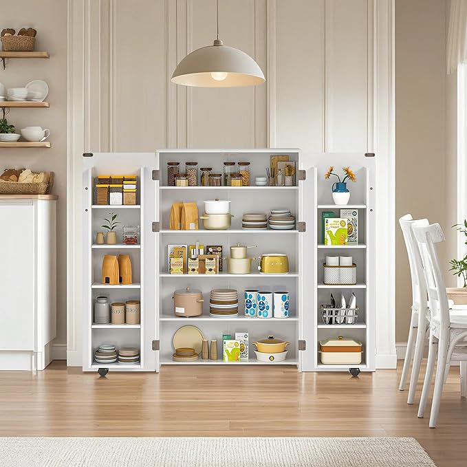 VECELO 35.5” Small Kitchen Pantry Storage Cabinet with 2 Doors and Adjustable Shelves, Food Storage Freestanding Cupboard for Dining Room, Living Room