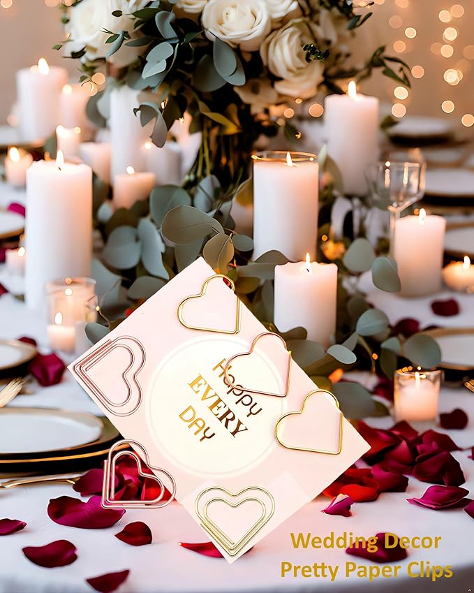 Metal Heart Paper Clips Set-50 Pcs Gold Paperclips- Cute Decorative Office & School Supplies, Ideal for Wedding & Parties Decor (Heart)