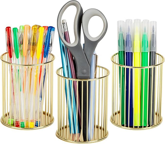 Mind Reader Pen and Accessories Holder, Desktop Organizer, Office, Metal , 3"L x 3"W x 4"H, Set of 3, Gold