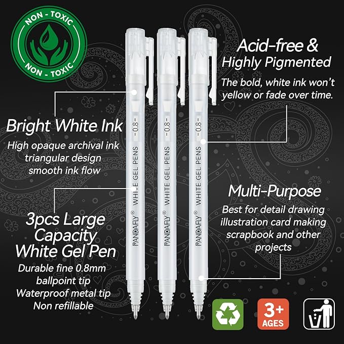PANDAFLY White Gel Pens, 0.8mm Extra Fine Point Opaque Archival Ink Pen for Journaling, Art, or Drawing - For Artist Gifts, Holiday Gifts & DIY Projects, 3 Pack