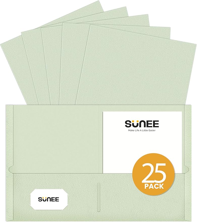 SUNEE Folders with Pockets (25 Pack, Grayish Green), 2 Pocket Folders Fit Letter Size, Paper File Folder for School Office Home Business, Textured Paper