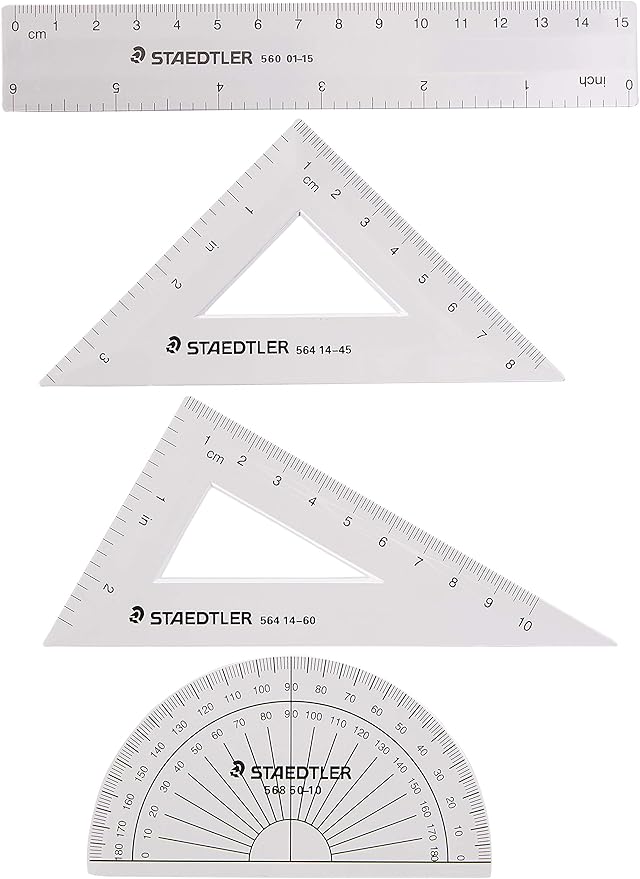 STAEDTLER Math Set - 4 pc Geometry Kit for Students - School Supplies with Clear Protractor, 6in Ruler & 2 Triangles – Metric & Imperial Scales