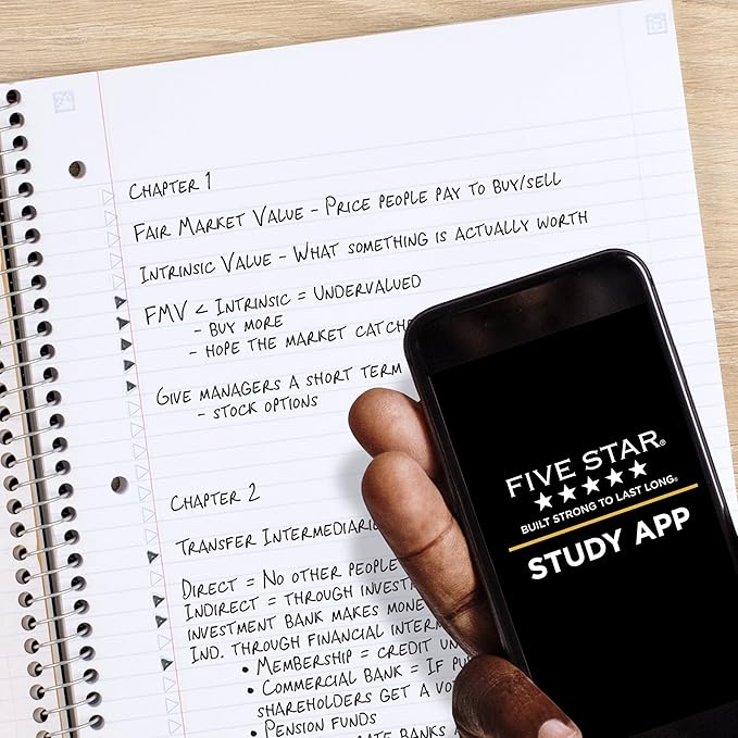 Five Star Spiral Notebook + Study App, 3 Subject, College Ruled Paper, 8-1/2" x 11", 150 Sheets, Fights Ink Bleed, Water Resistant Cover, White (72464)