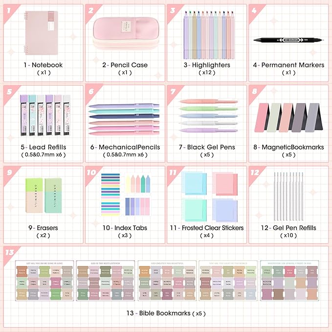 61 PCS Aesthetic School Supplies with Pen Case,12 Pastel Highlighters,5 Black Ink Gel Pens, 6 Mechanical Pencils 0.5 & 0.7mm,Sticky Note Index Tab and So on for Students Stationary College Essentials