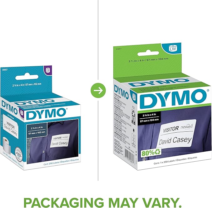 DYMO Authentic LW Name Badge Labels DYMO Labels for LabelWriter Printers White 2-1/4" x 4" 1 Roll of 250