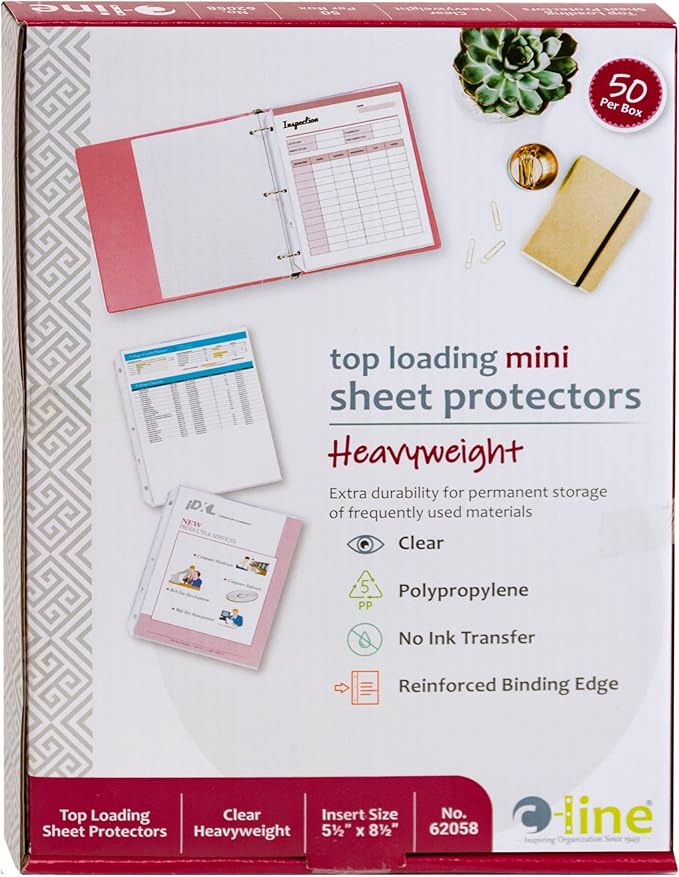 C-Line Top Loading Heavyweight Poly Sheet Protectors, Clear, Mini Size, 8.5 x 5.5 Inches, 50 per Box (62058)