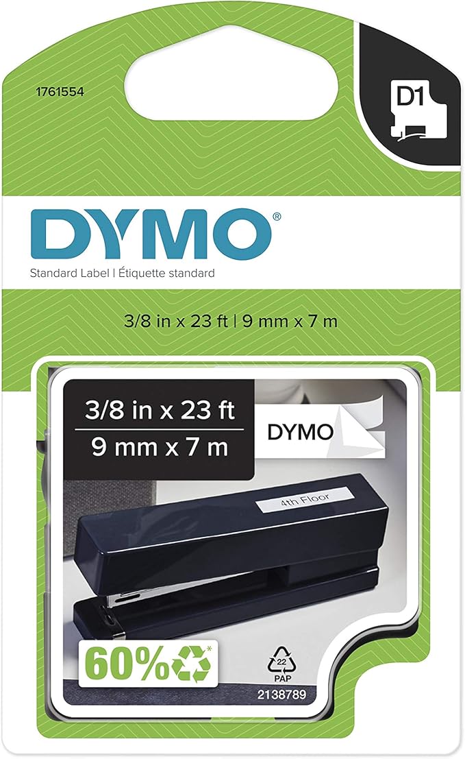 DYMO D1 Labels For LabelManager Label Makers, Black Print on White Tape, 3/8-Inch x 23-Foot Roll, Self-Adhesive