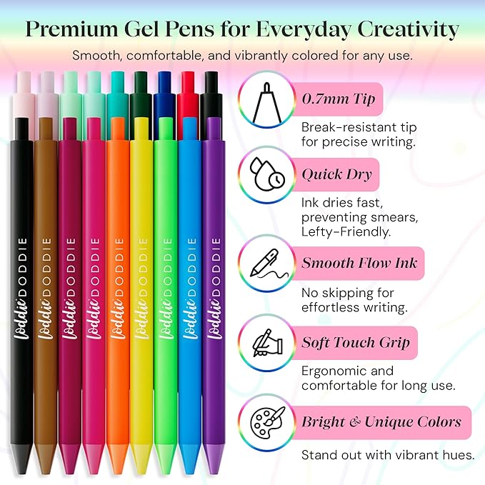 Loddie Doddie Retractable Gel Pens with Satin Barrel - Fine Point - 18 Bright Color Pens for Bullet Style Journals, Notebooks, Planners, Calendars, Notes & Drawing, Use at Home, Office, School, Crafts