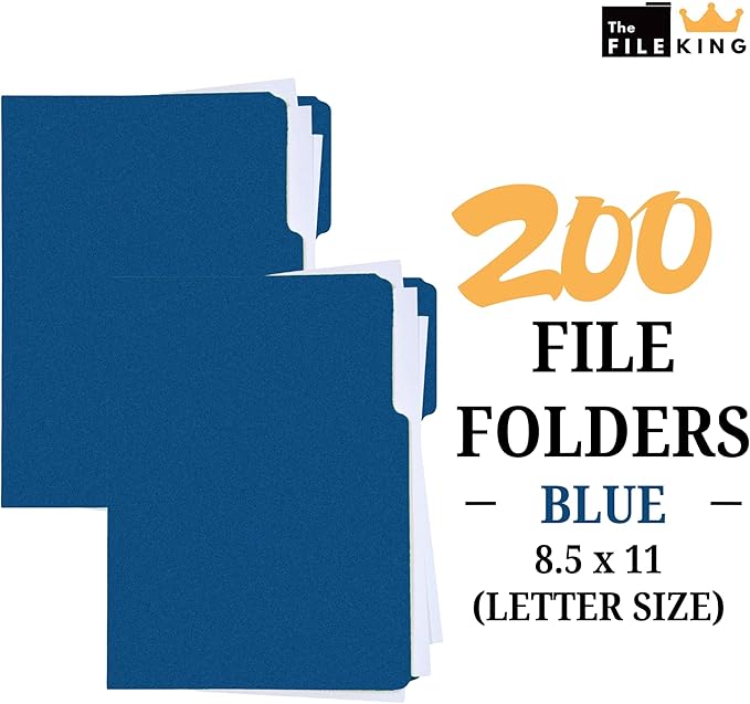 The File King 1/3 Cut Blue File Folders Letter Size - 200 Pack | Colored Manilla Folders 8.5 x 11 | USA Made | Assorted 3 Tab Color Manila File Folder | Heavy Duty Office Supplies | Basic Blue Folder
