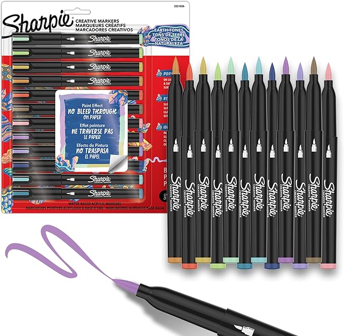 Sharpie Creative Markers, Earth Tones, Water-Based Acrylic Markers, Brush Tip, Assorted Colors, 12 Count