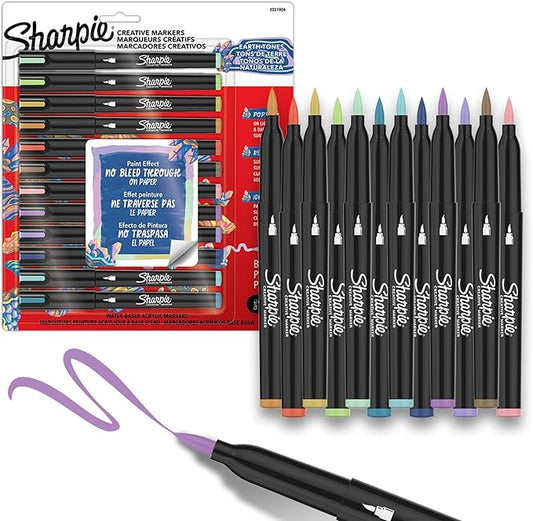 Sharpie Creative Markers, Earth Tones, Water-Based Acrylic Markers, Brush Tip, Assorted Colors, 12 Count