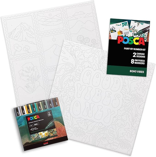 POSCA Canvas Paint by Number Kit, Boho - 8 Markers with 2 Pre-Drawn Canvases - For All Artists and Holiday Gifting