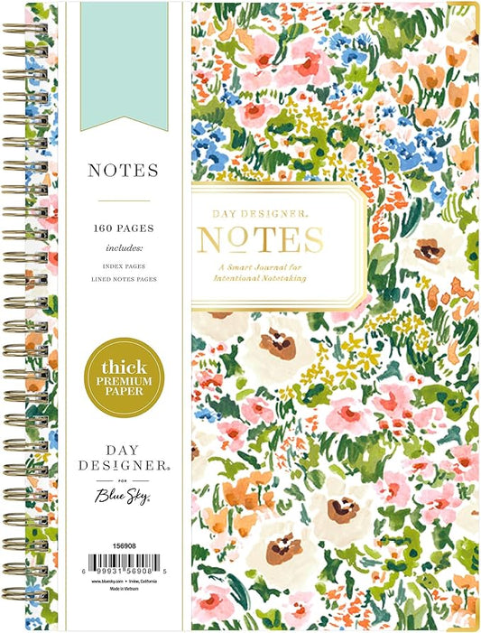 Blue Sky Day Designer Hard Cover Notebook, 5.75" x 8.5" Undated Journal, 160 Lined & Perforated Pages, Includes Index Pages, Gold Durable Twin Wire Binding, For Office and School, Ashley Cottage