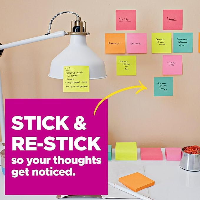 Post-it Super Sticky Notes, 3 Sticky Note Pads, 3 x 3 in., School Supplies, Office Products, Sticky Notes for Vertical Surfaces, Monitors, Walls and Windows, Supernova Neons Collection
