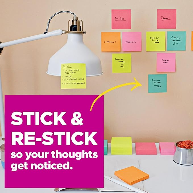 Post-it Super Sticky Notes, 3x3 in, 4 Pads, 2X The Sticking Power, Miami Collection, Neon Colors (Orange, Pink, Blue, Green), Recyclable(3321-SSAN-B)