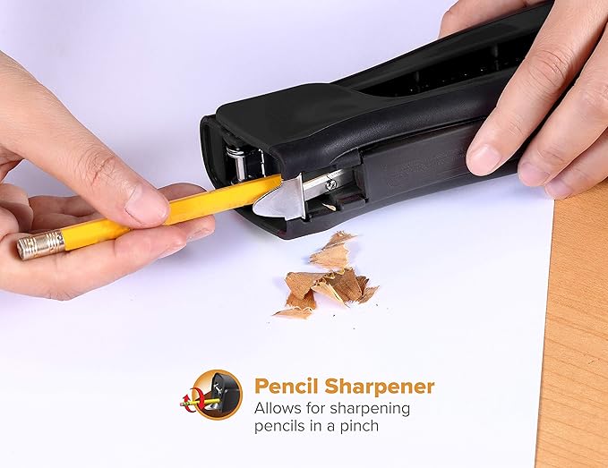 Bostitch Office Eco-Friendly Dynamo 4 in 1 Standup Stapler, Includes 420 Staples, 20 Sheet Capacity, Integrated Pencil Sharpener, Staple Remover & Staple Storage, Black