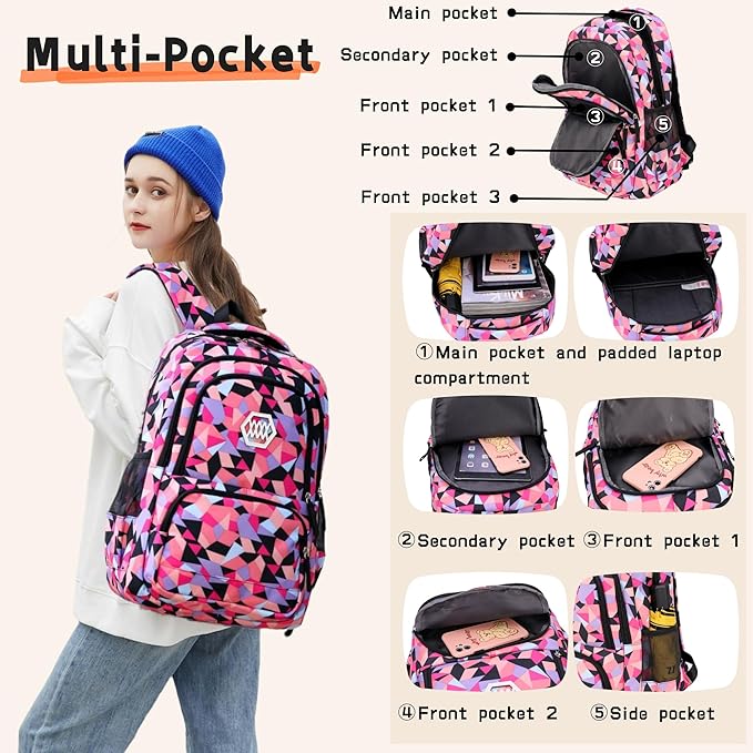 Bansusu 3Pcs Purple-a-3pcs Geometric Print Backpack and Lunch-Bag Set for Girls School Elementary Bookbags, 12.205.9016.53inch, 19 Liters