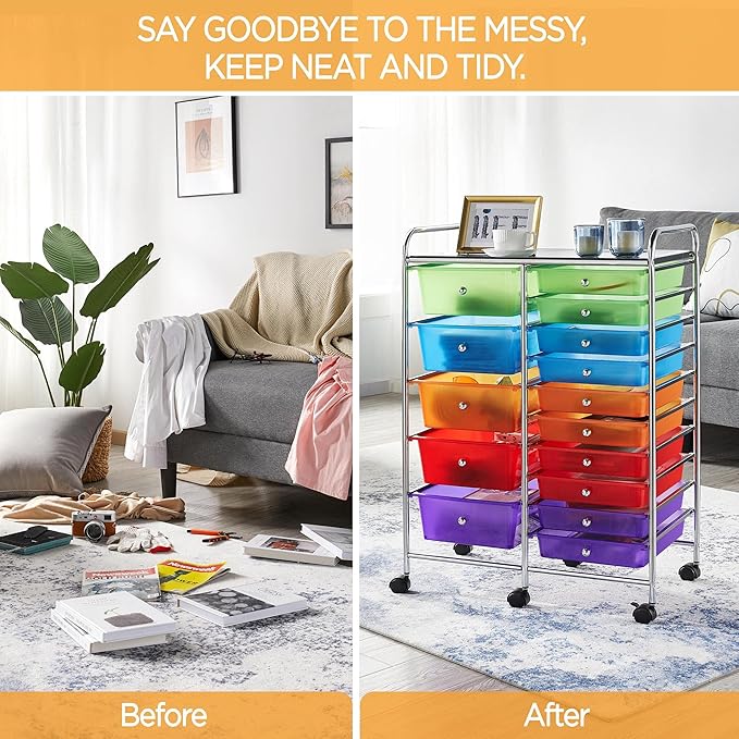 Yaheetech 15 Drawers Rolling Storage Cart Multipurpose Mobile Rolling Utility Storage Organizer Cart Tools Scrapbook Paper Organizer on Wheels, Multicolor