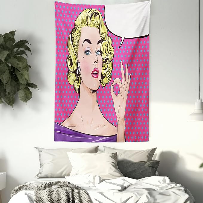Ambesonne Vintage Tapestry, Pop Art Blonde Woman Making OK Sign on Dotted Background Retro Comic Book Design, Fabric Wall Hanging Decor for Bedroom Living Room Dorm, 30" X 45", Pink Blue
