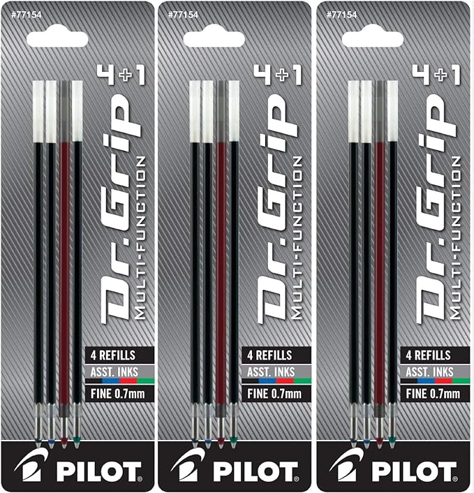 PILOT Dr. Grip 4+1 Multi-Function Ballpoint Ink Refills, Fine Point, Black/Red/Blue/Green Inks, 3 Pack