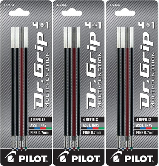 PILOT Dr. Grip 4+1 Multi-Function Ballpoint Ink Refills, Fine Point, Black/Red/Blue/Green Inks, 3 Pack