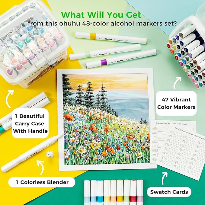 Ohuhu Markers, 48-color Art Marker Set for Architectural Design - Landscape Double Tipped Alcohol Markers - Chisel & Fine Alcohol-based Drawing Marker for Artists Students' Art Class Adults Coloring