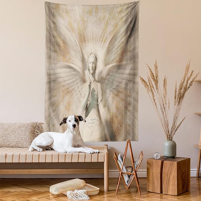 Ambesonne Retro Tapestry, Angel Woman in Medieval Site Vintage Style Mythical Design, Wall Hanging for Bedroom Living Room Dorm Decor, 60" X 80", Yellow White