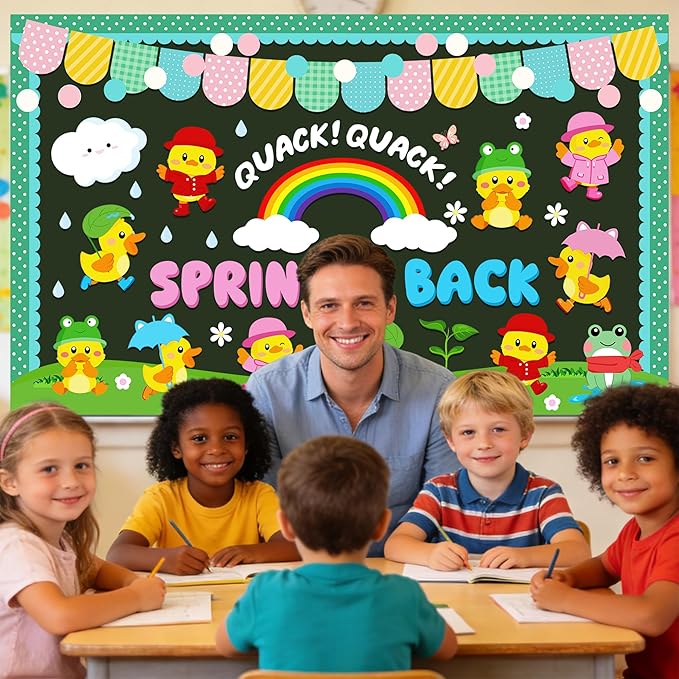 104Pcs Spring Bulletin Board Decorations, Spring Duck Bulletin Board Decorations Set, Spring Rainy Rainbow Cloud Spring Decorations for Office Classroom Home, Spring is Back Bulletin Board Decorations